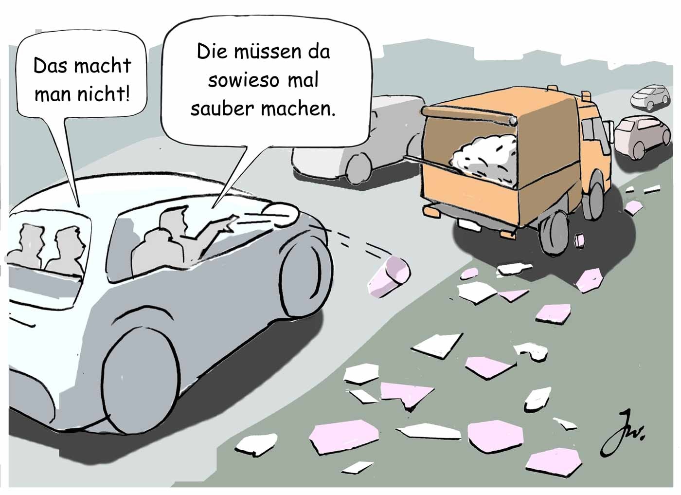 Karikatur zum Littering – Person wirft Abfall aus dem Auto
(c) GOSLAR INSTITUT